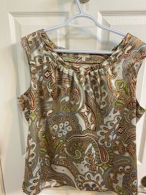 Talbots Petites Womens Sleeveless Paisley Blouse Top Size Large Ruched Neckline